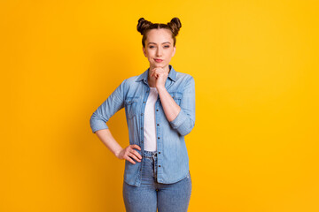 Photo of charming funny teen lady two buns look interested on camera hold arm on chin smart...