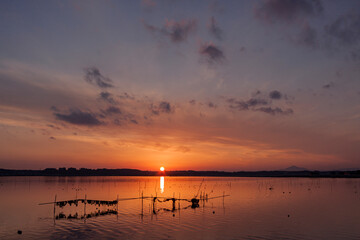 涸沼夕照で輝く水面