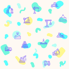 Seamless pattern on the theme of construction, crane, labor, industrial equipment, labor, truck, tools, bulldozer, machinery, concrete mixer truck and more. simple color icons on beige background.