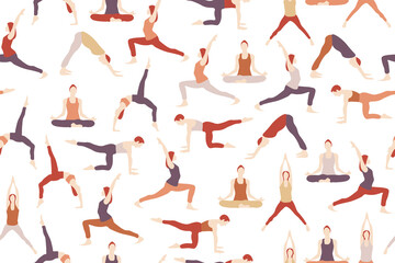 Fototapeta na wymiar Yoga poses seamless pattern on transparent background. Repetitive vector illustration of various yoga poses.