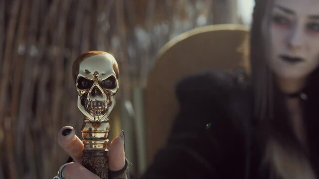 A witch with a black crown on her head and a staff in her hands