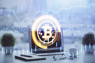 Double exposure of blockchain and crypto economy theme hologram and table with computer background....