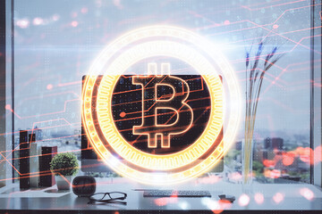 Double exposure of blockchain and crypto economy theme hologram and table with computer background. Concept of bitcoin cryptocurrency.