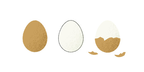 Rough cracked eggs. Chicken hatching broken eggshell, cartoon newborn bird sign, grunge shapes with rough edges. Vector illustration
