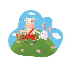 Easter greeting card with chinese new year 2021 symbol ox and a white rabbit. Vector illustration.