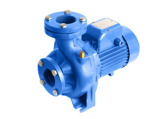Power centrifugal water pump with electric motor on a white.
