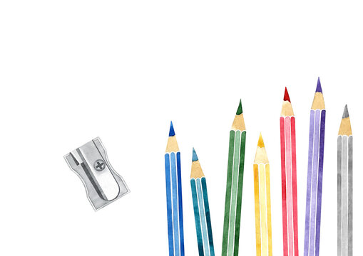 Back to School Education concept with colored pencils and metal sharpener on white background. Top down composition. Hand drawn illustration. Copy space.