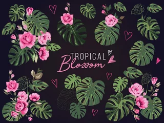 Meubelstickers Tropic floral elements: monstera flowers, palm, tropical roses, blossom leaves, leaf. Vintage watercolor print. Summer design isolated on black background backdrop. © Sopelkin