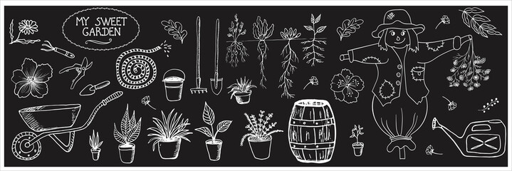 Collection of garden tools,plants and scarecrow. Hand drawn sketches. Isolated elements in Doodle style. Vector illustration on chalkboard background.