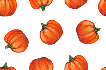 Colorful seamless pattern with pumkins. Bright orange, red and green colours. Autumn harvest. Halloween decorations. Great for festive decoration, textile, wrapping paper, scrapbooking and card design