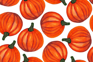 Colorful seamless pattern with pumkins. Bright orange, red and green colours. Autumn harvest. Halloween decorations. Great for festive decoration, textile, wrapping paper, scrapbooking and card design