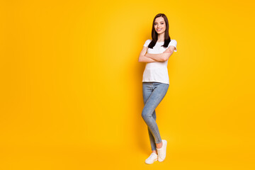 Fototapeta na wymiar Full length photo of optimistic lady expert cross hands enjoy decide decision choose choice wear good look outfit isolated over bright color background