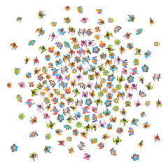 People crowd on white background. Top view. A large group of people. View from above.
