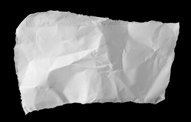 White wrinkly paper scrap isolated on black background and texture, top view