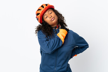 Teenager cyclist woman isolated on white background suffering from pain in shoulder for having made an effort