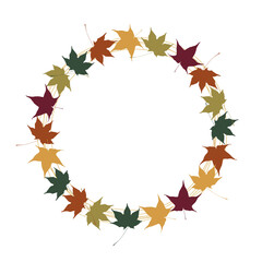 Wreath of colorful autumn leaves isolated in white background.