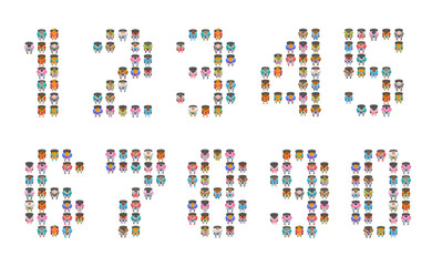 Sitting people form the shape of numbers. Top view. People, men, women sit in chairs in the audience. View from above.