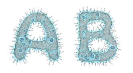 Set of letters made of virus isolated on white background. Capital letter A, B. 3d rendering. Covid font