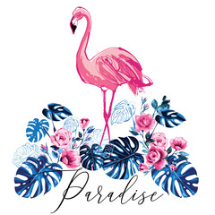 Paradise flamingo and tropic flowers flowers. Watercolor t-shirt design. Vector wild nature decoration on white background. Colorful hand drawn illustration.