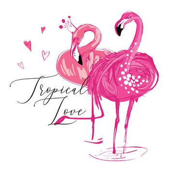 Flamingo love couple. Watercolor t-shirt design. Vector wild nature decoration on white background. Colorful hand drawn illustration.