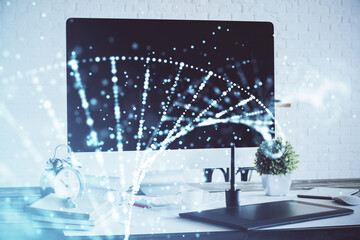 Desktop computer background and DNA drawing. Double exposure. Science concept.
