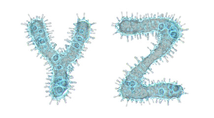 Set of letters made of virus isolated on white background. Capital letter Y, Z. 3d rendering. Covid font