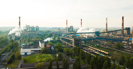 Industry metallurgical plant smoke from pipes mining ecology pollution.