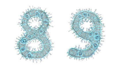 Alphabet made of virus isolated on white background. Set of numbers 8, 9. 3d rendering. Covid font