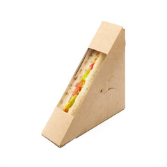 Sandwich toast with tomatoes and cheese in a craft take paper away box isolated on white background, delivery, eco friendly, disposable, recyclable fast food concept