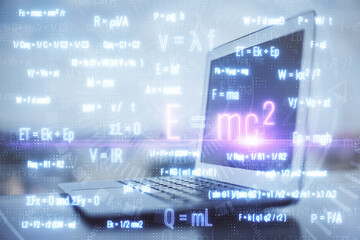 Desktop computer background and formula hologram writing. Double exposure. Education concept.