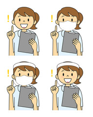 白衣姿の若い女性 マスク フェイスシールド セット イラスト