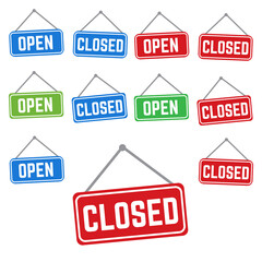Open and closed vector store signs red and green. Shop banner door open illustration