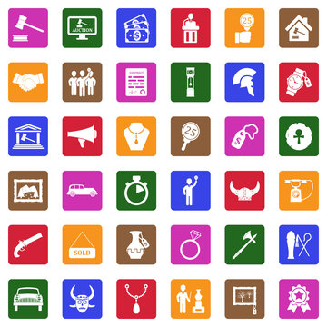 Auction Icons. White Flat Design In Square. Vector Illustration.