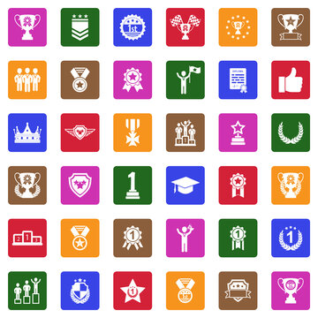 Awards Icons. White Flat Design In Square. Vector Illustration.
