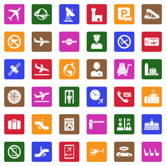 Airport Icons. White Flat Design In Square. Vector Illustration.