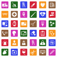 Ambulance Icons. White Flat Design In Square. Vector Illustration.