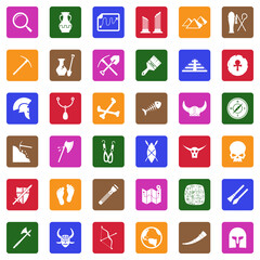 Archeology Icons. White Flat Design In Square. Vector Illustration.