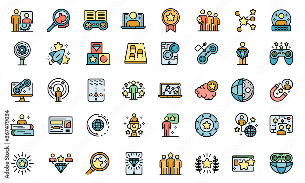 Poster gamification icons set. outline set of gamification vector icons thin line color flat on white