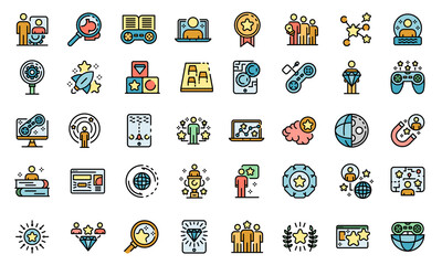 Gamification icons set. Outline set of gamification vector icons thin line color flat on white