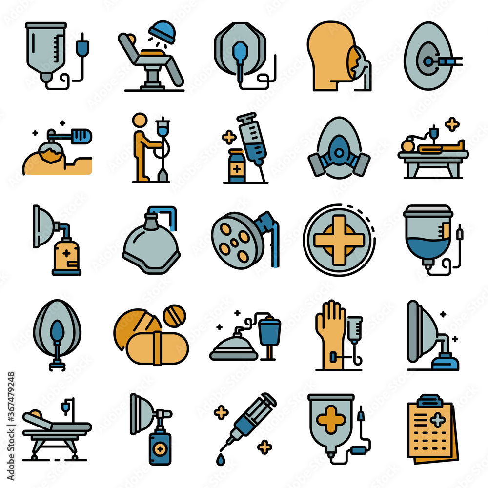 Poster anesthesia icons set. outline set of anesthesia vector icons thin line color flat on white