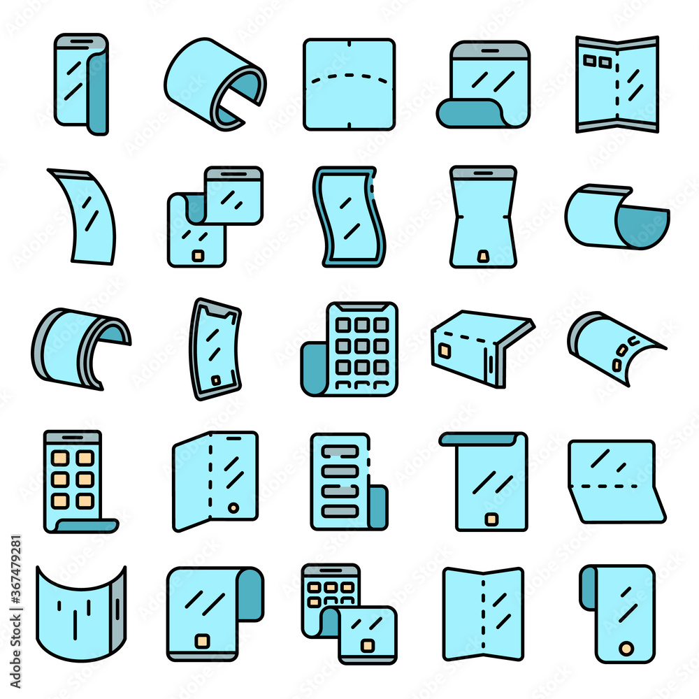 Aufkleber flexible screen icons set. outline set of flexible screen vector icons thin line color flat on white