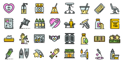Tattoo studio icons set. Outline set of tattoo studio vector icons thin line color flat on white