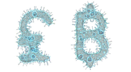 Alphabet made of virus isolated on white background. Symbol lira and baht. 3d rendering. Covid font