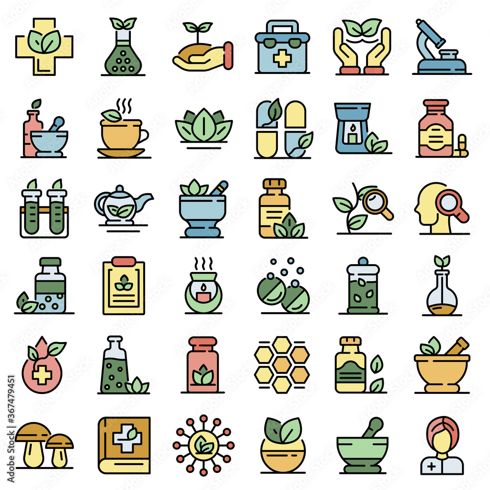 Poster phytotherapy icons set. outline set of phytotherapy vector icons thin line color flat on white