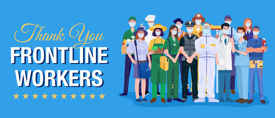 Thank You Frontliners Concept. Various occupations people wearing protective masks. Vector