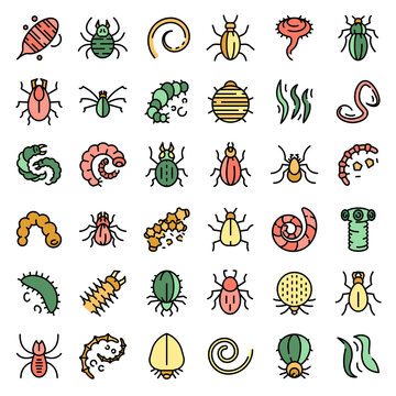 Parasite icons set. Outline set of parasite vector icons thin line color flat on white