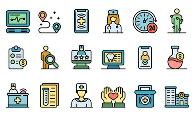 Private clinic icons set. Outline set of private clinic vector icons thin line color flat on white