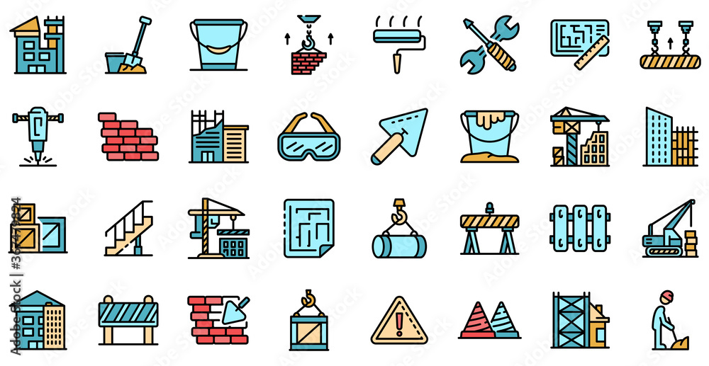 Poster building reconstruction icons set. outline set of building reconstruction vector icons thin line col