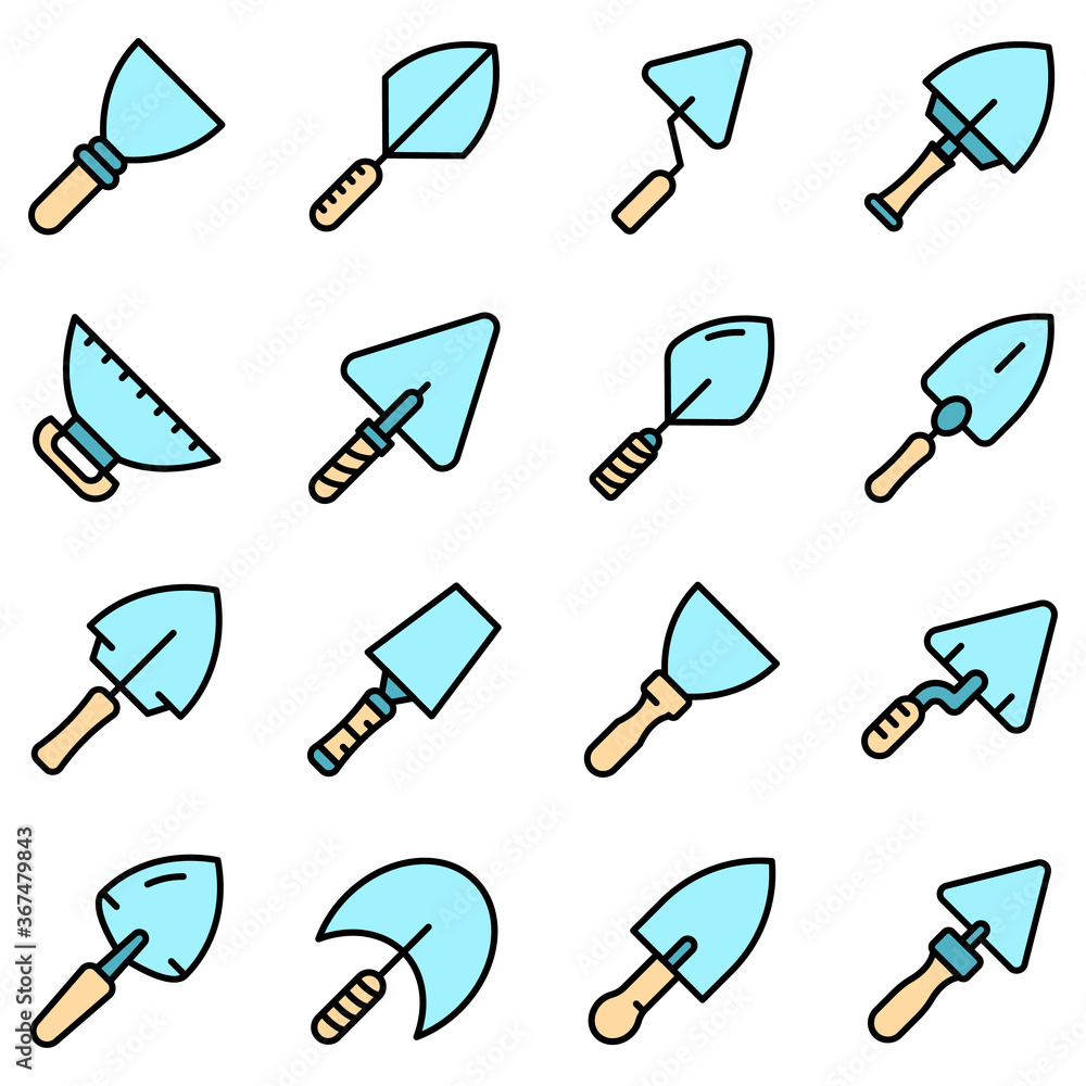 Poster trowel icons set. outline set of trowel vector icons thin line color flat on white