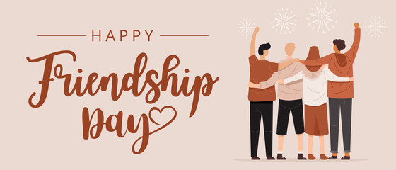 Happy friendship day, Back view of people hugging together, Vector - Powered by Adobe